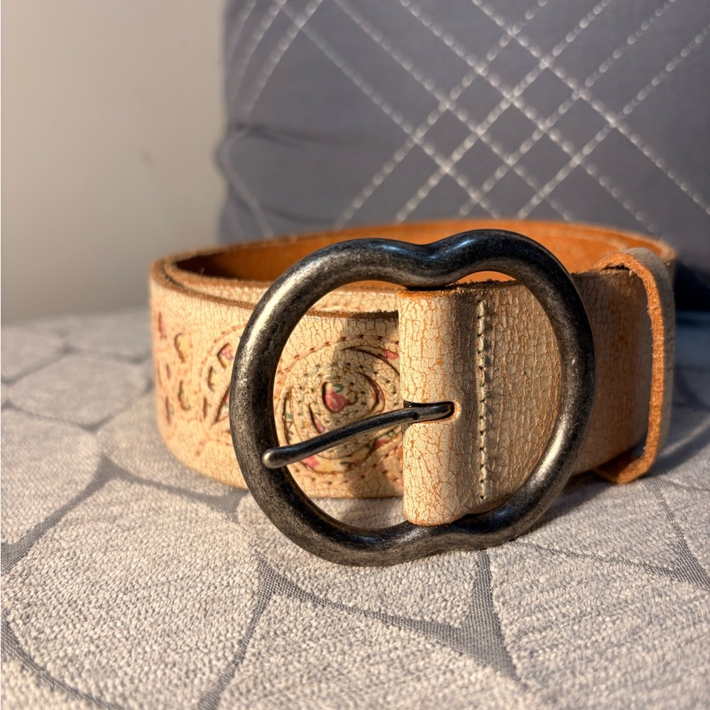 Embroidered Leather Belt with Round Buckle